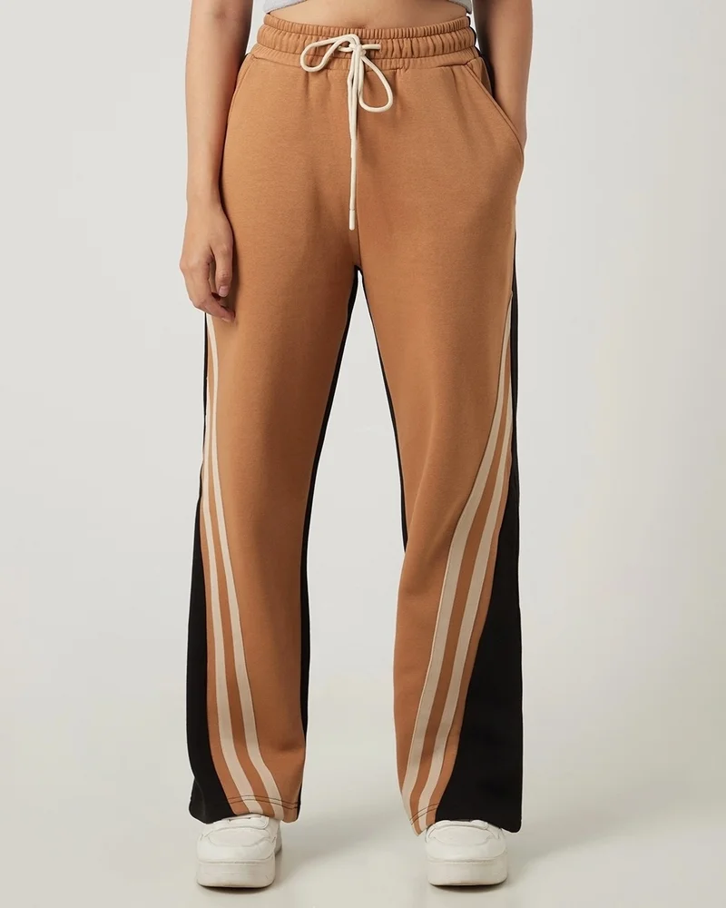 بيواكوف Women's Camel Brown & Black Color Block Wide Leg Track Pants